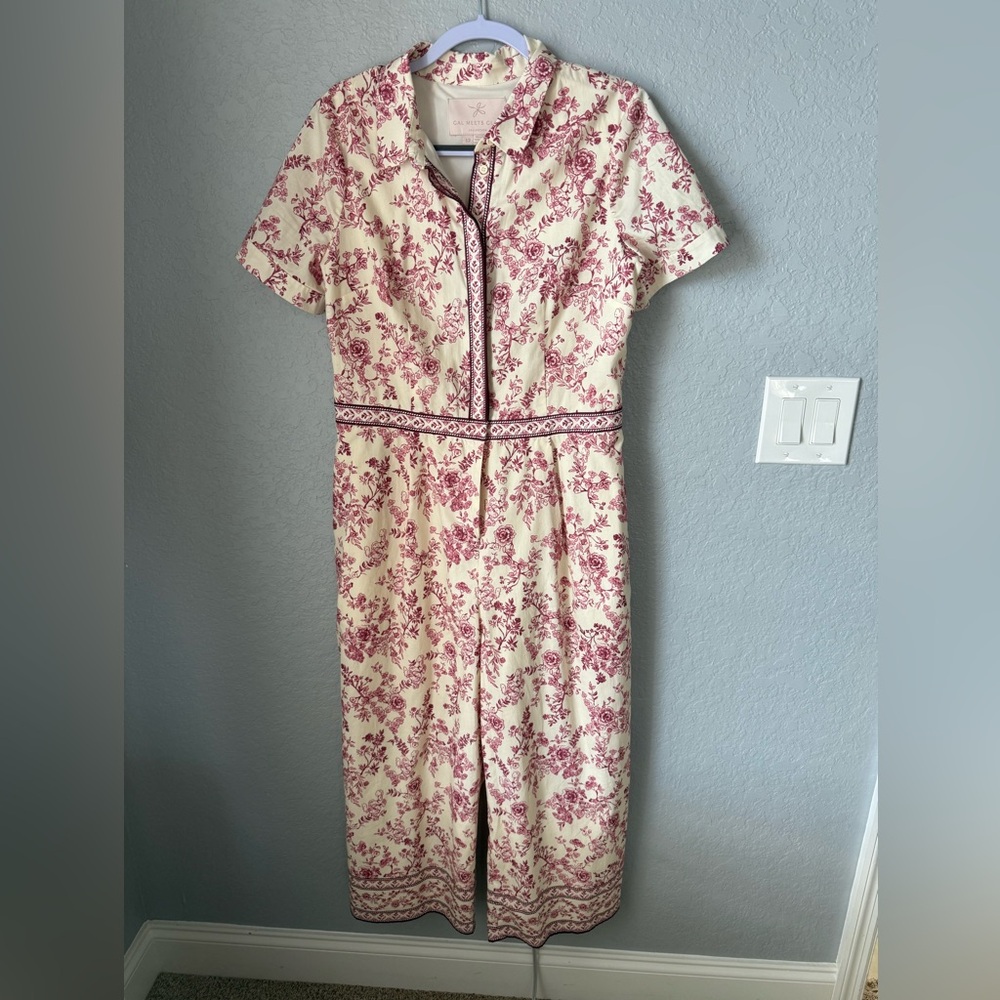 Gal Meets Glam Darla wide-leg cotton jumpsuit Red Pink Cream floral Size 12 - Picture 2 of 5